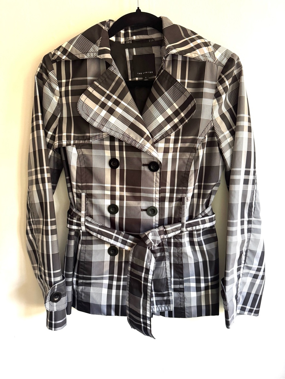 The Limited Black & White Plaid Double-Breasted Short Trench Coat